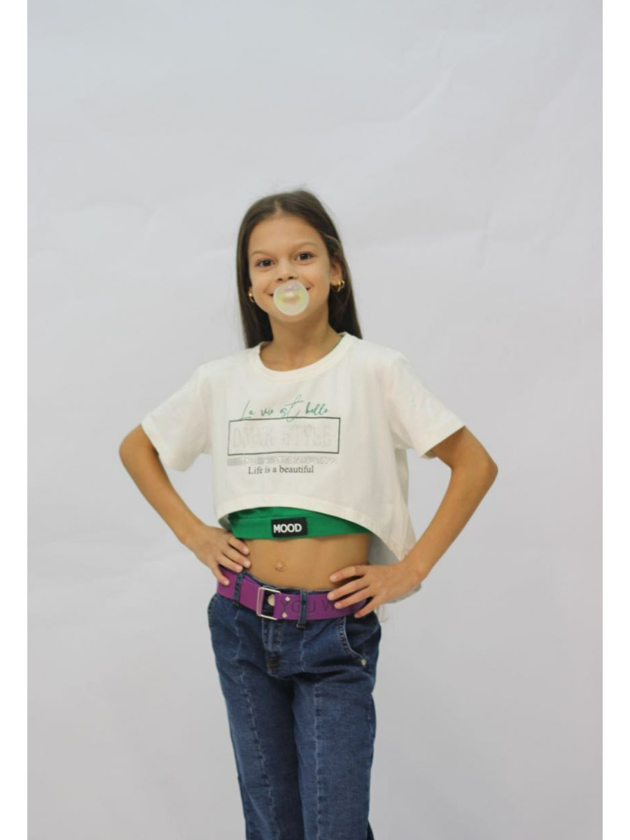 Комплект для девочки: футболка и кроп топ, цвет: молочный