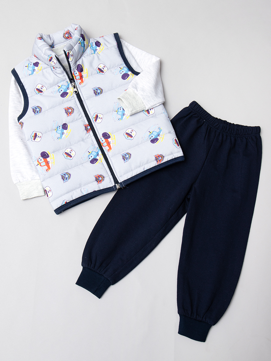 Комплект для мальчика: лонгслив,штанишки и жилет болоньевый, цвет: светло-серый