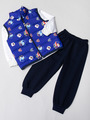 Комплект для мальчика: лонгслив,штанишки и жилет болоньевый, цвет: синий