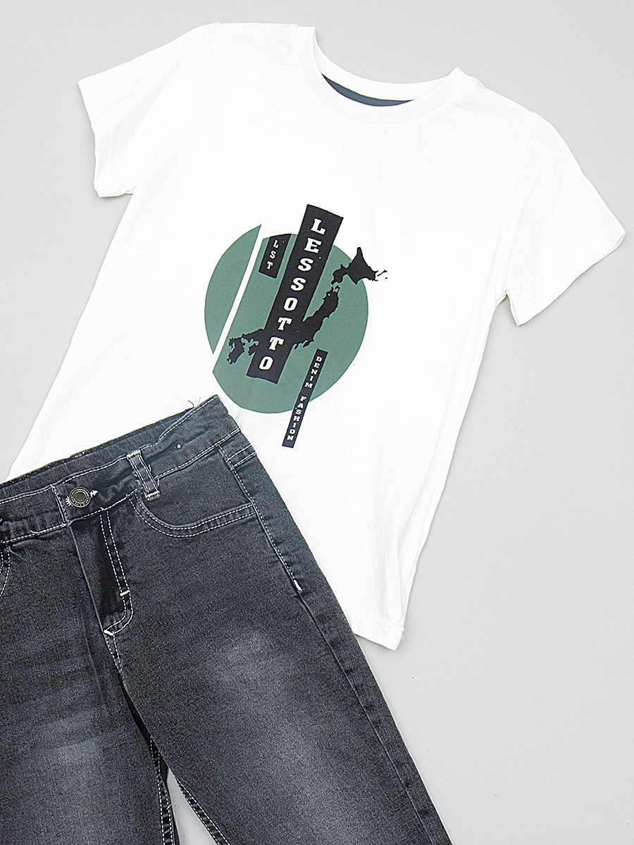 Комплект для мальчика:рубашка,футболка и брюки джинсовые, цвет: оливковый
