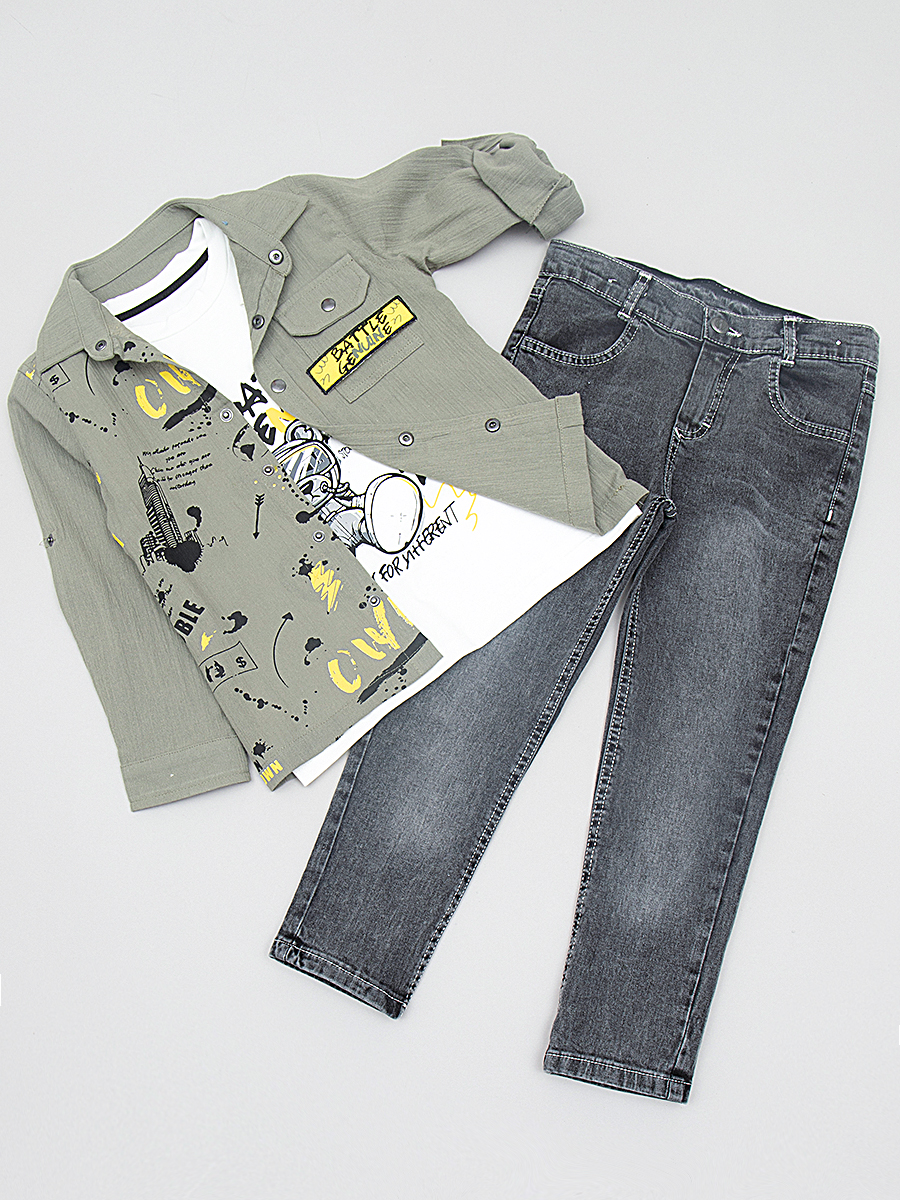 Комплект  для мальчика:рубашка, футболка и брюки джинсовые, цвет: хаки