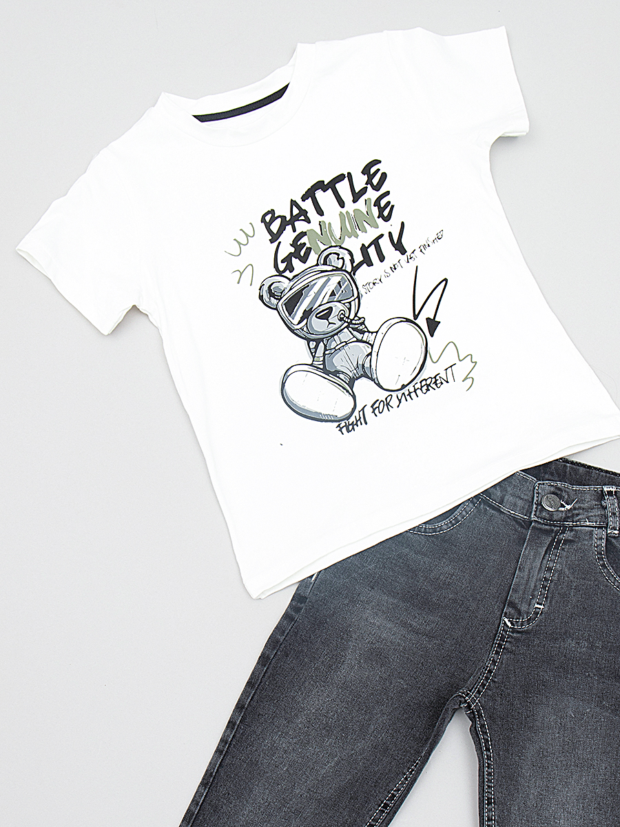 Комплект  для мальчика:рубашка, футболка и брюки джинсовые, цвет: молочный