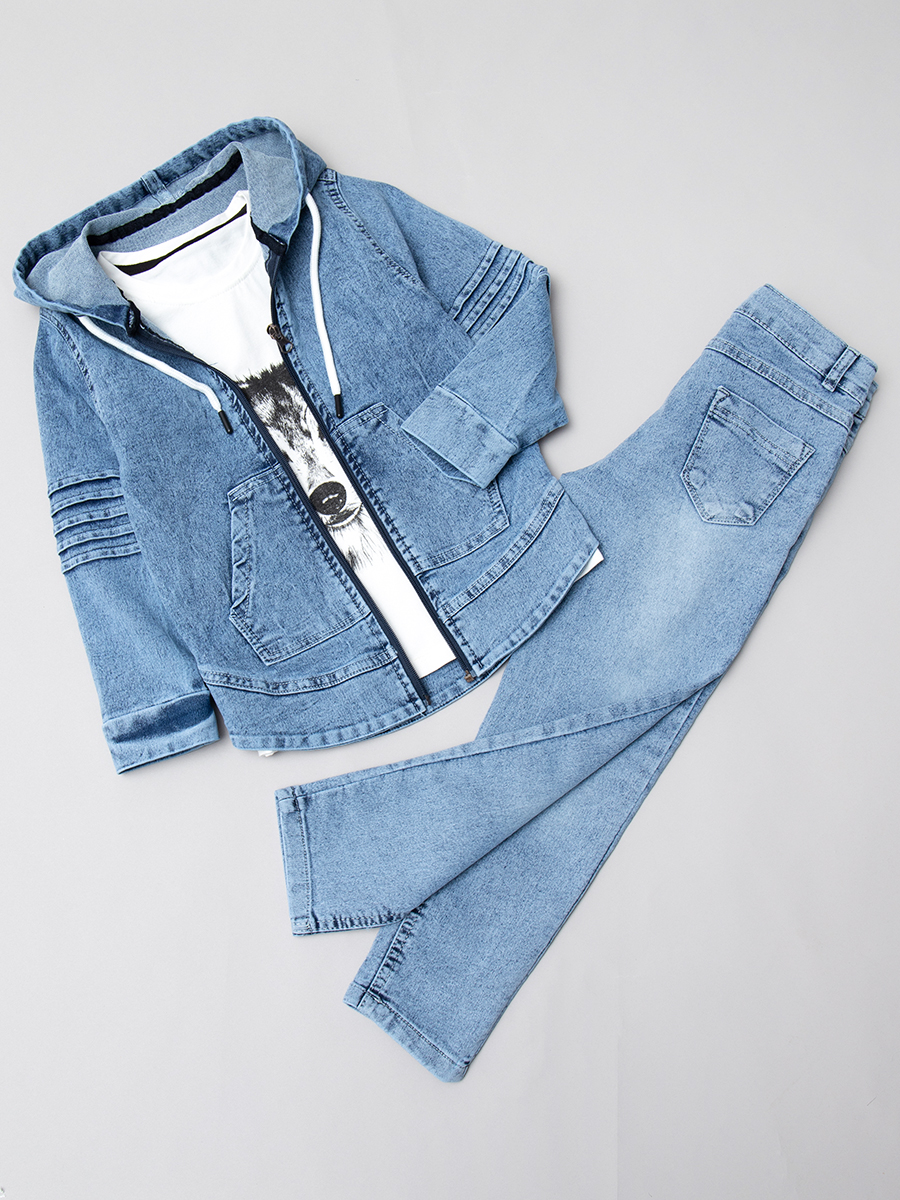 Комплект джинсовый для девочки: куртка,брюки и футболка, цвет: деним