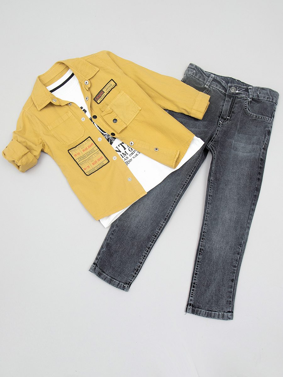 Комплект  для мальчика:рубашка, футболка и брюки джинсовые, цвет: горчичный