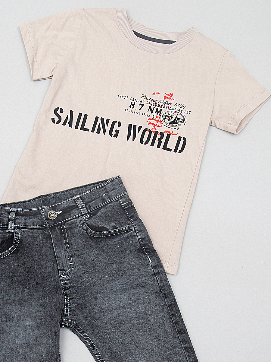 Комплект для мальчика: футболка,рубашка и джинсы, цвет: деним