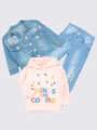 Комплект для девочки: куртка, свитшот и брюки джинсовые, цвет: пудра