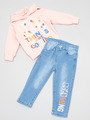 Комплект для девочки: куртка, свитшот и брюки джинсовые, цвет: пудра