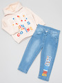 Комплект для девочки: куртка, свитшот и брюки джинсовые, цвет: бежевый